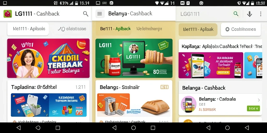 Antarmuka aplikasi LG111 menampilkan berbagai penawaran cashback menarik.