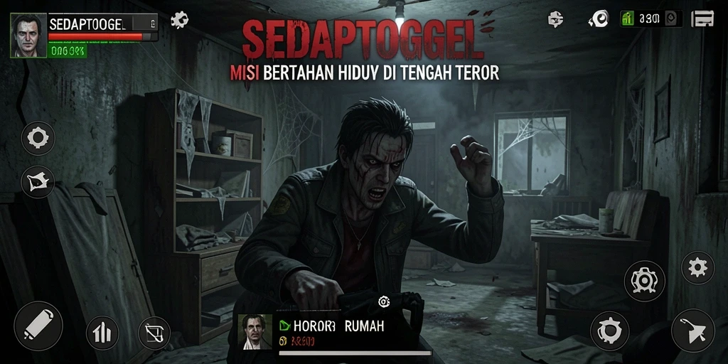 Screenshot menunjukkan suasana menegangkan di dalam rumah berhantu.